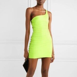 SPRWMN Los Angeles One Shoulder Ruched Neon Leather Mini Dress